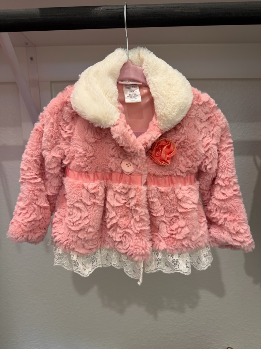 Little Lass Pink Faux Fur Coat with Cream Collar and Lace Hem